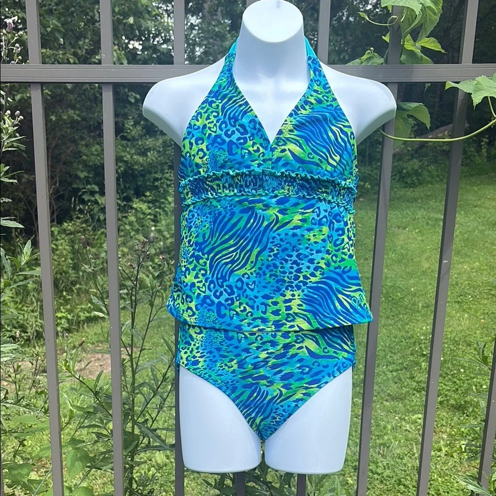 Justice Blue and Green Two Piece Swimsuit with Halter Neck Size 12